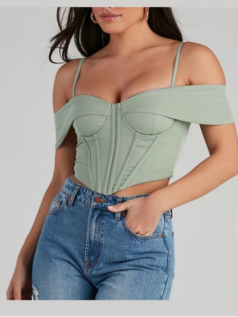 Windsor Mint Green Off-Shoulder Corset Crop Top